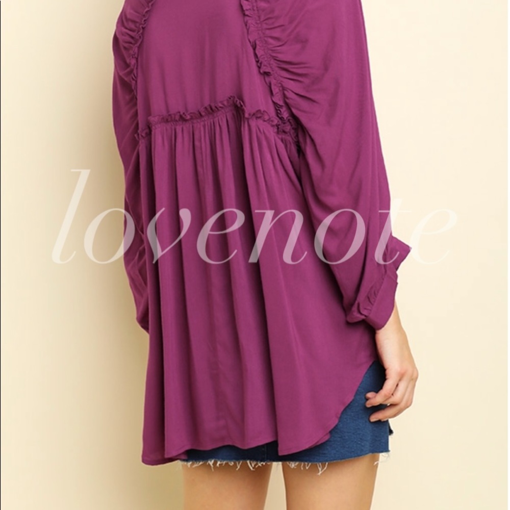 LAST! 3/4 Sleeve Button Front Gathered Ruffle Back - Picture 3 of 5